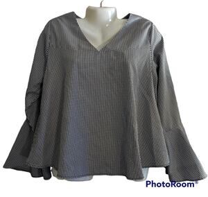 G Collection Black White Gingham 3/4 Bell Flare Sleeve V Neck Top Blouse L